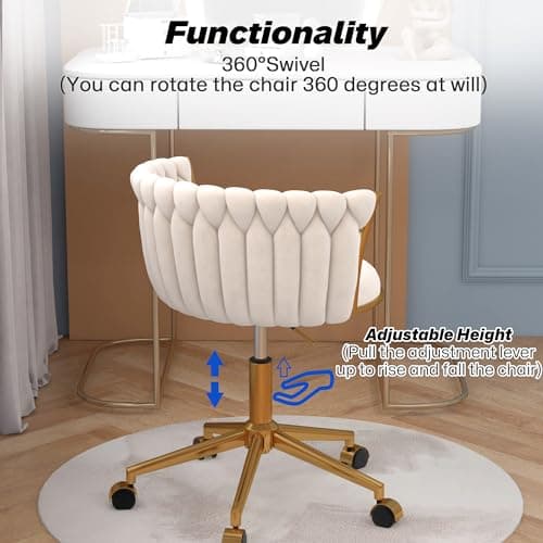HENGJIANYI Velvet Woven Home Office Chair, Modern Swivel Desk Chair with Wheels, Height Adjustable Vanity Chair with Gold Metal Base and Hand Weaving Back, Beige 6
