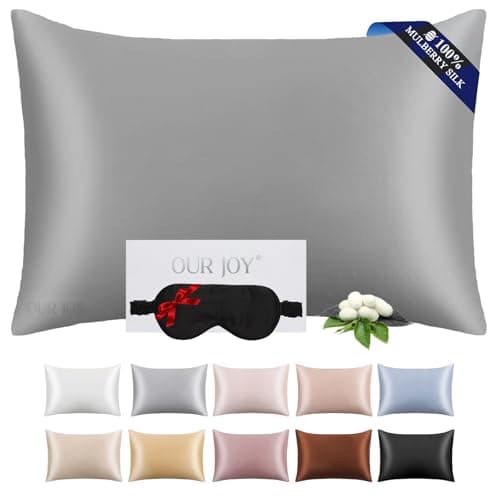 OURJOY 100% Mulberry Silk Pillowcase 22 Momme (SGS Certified) with Free Silk Eye Mask - Luxury Gift-Ready Folded Packaging, Cooling Pillow Cover for Hair & Skin Care (Gray, Standard (1 Pack))
