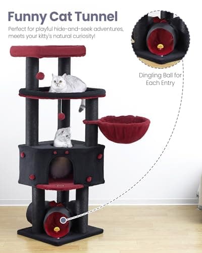 Heavy Duty Cat Tree for Large Cats Adult - 60 Inch XXL Sturdy Cat Tower Condo with Extra Wide Scratching Posts (φ4.4in) Big Cat House Hammock Perch - Indoor Wood Modern Multi Level Corner Cat Bed 5
