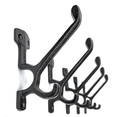 Ambipolar 5 Pack Decorative Cast Iron Heavy Duty Double Hooks, Wall Mounted Coat Hooks, Vintage Inspired (Antique Black) (Type-7 Type)