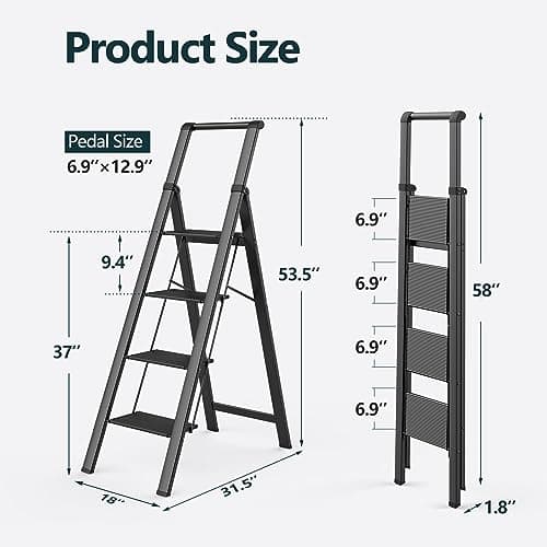 WOA WOA 4 Step Ladder, Ladders for Home, Anti-Slip Aluminum Pedals, Step Stool Foldable, Lightweight to Move, Ease of Storage, Reach 9ft for Closet Kitchen Library, Hold 300lbs - Black 6