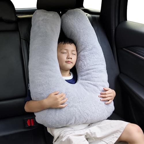 Car Travel Pillow for Adults Kids, Comfortable Sleeping Pillow for Road Trips, Soft Support Cushion for Head and Body in Back Seat, Sleep Aid for Long Car Journeys, Gray 6