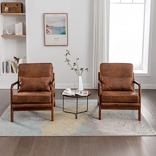 Mid Century Modern Accent Chair Set of 2 Living Room- Comfy Solid Wood Arm Chair with Lumber Pillow Lounge Decorative Brown Leather Office Side Chair Bedroom Reading Nook Sillas De Sala Microfiber 8