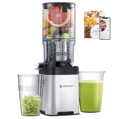 AMZCHEF Cold Press Juicer, 5.21" Juicer Machines with Large Feed Chute for Whole Fruits & Vegetables, Stainless Steel Juice Extractor with Large Auger, Triple Strainers, Easy Cleanup & Assembly