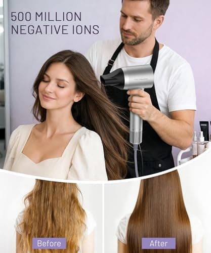 Cosy Companions High-Speed Ionic Hair Dryer, 150000 RPM Brushless Motor for 2-5Min Fast Drying, Low Noise Blow Dryer Reduces Frizz & Heat Damage, Lightweight Hair Dryer with Diffuser & Nozzle, Silvery 6