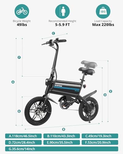 Gotrax Nano 14" Folding Electric Bike, Max Range 25Miles(Pedal-Assist) & Max Speed 15.5Mph, Power by 350W Motor, Adjustable Seat & Dual Fenders, Commuter Electric Bicycle for Adults/Teens Black 8