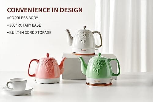 Toptier Electric Ceramic Tea Kettle, Boil Water Quickly and Easily, Detachable Swivel Base & Boil Dry Protection, Carefree Auto Shut Off, 1 L, White Leaf 6