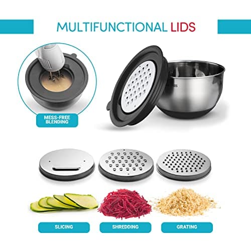 Belwares Mixing Bowls with Airtight Lids - 8PCS Stainless Steel Nesting Mixing Bowls Set Non-Slip with 3 Grater Attachments, Kitchen Bowls, Sizes 5, 4, 3.5, 2, 1.5QT for Baking & Food Prep (Black) 2