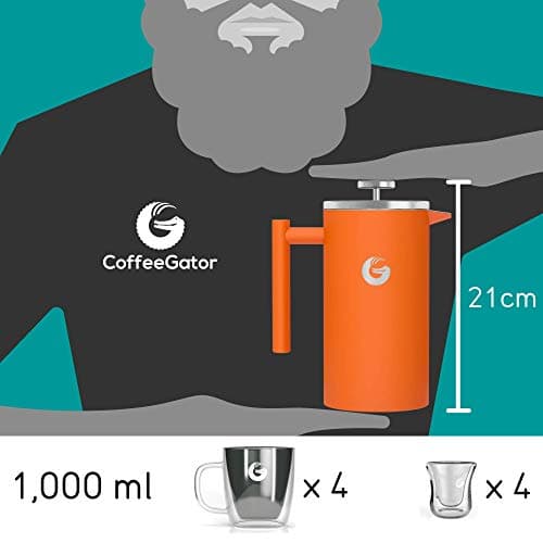 Coffee Gator French Press Coffee Maker 34oz, Double Insulated Stainless Steel Brewer plus Travel Jar Canister, Portable Hot Cold Brew Tea for Coffee Bar Accessories Kitchen Camping, Orange 2