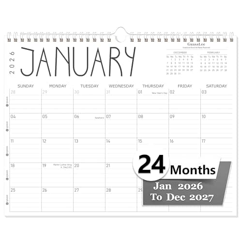 GuassLee Wall Calendar 2026-2027, 24-Month Wall Calendar Runs from January 2026 until December 2027,14" X 11" Hanging Monthly Planner with Thick Paper, Ruled Blocks for Home School Office Organizing