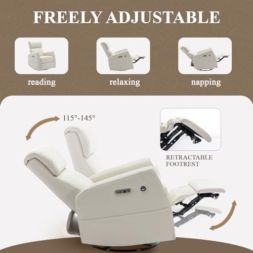 COLAMY Power Recliner Chair Swivel Glider Rocker for Nursery, Upholstered Faux Leather Living Room Rocking Reclining Single Sofa Chair with 2 Device Holders, Beige 5