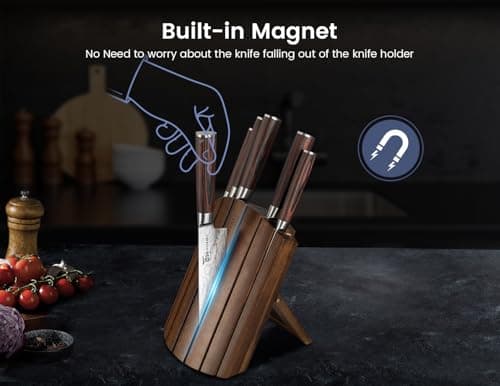 SYOKAMI Knife Set 7 Piece Japanese Style Kitchen Knife Set With Foldable Magnetic Acacia Wood Block Sharp High Carbon Stainless Steel Knives Set for Kitchen with Anti-slip Handle, Ideal Gift 4