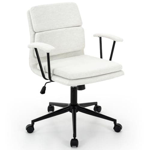 422 Modern Linen Office Chair with Removable Padded Armrests, Premium Double Cushion, 135° Rocking Mid Back Ergonomic Computer Task Chair with Wheels for Home Study&Meeting(White)