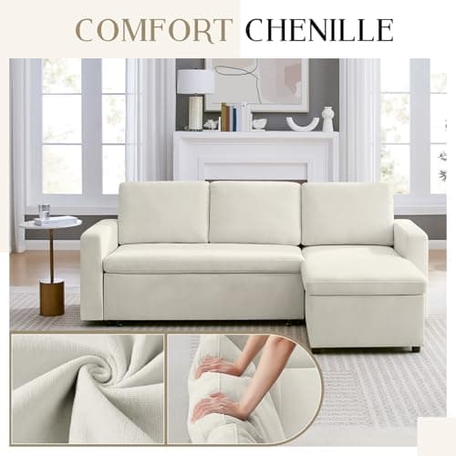 85’’ Sofa Bed, 2 in 1 Sleeper Sofa with Multiple Storage Spaces and Detachable Chenille Cover, Easy to Assemble, Comfy Futon Pull Out Couch for Living Room/Office/Apartment (Beige) 5