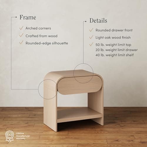 Nathan Jamea Iris Mid-Century Modern Nightstand with Drawer, End Table with Storage for Bedroom or Living Room with Rounded Silhouette, Light Oak 4