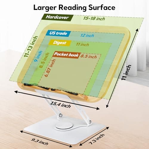 Book Stand for Reading Large Book Holder with 360° Rotating Base, 15.4"x11" Cookbook Stand Desktop Holder with Book Light, Foldable Desktop Stand for Textbook, Recipe, Laptop, Sheet Music 6