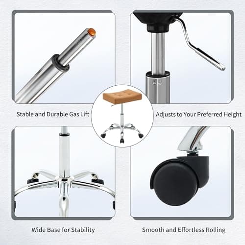 FIRAVOE Office Stool with Wheels (300lbs Capacity) (Adjustable Height 17"-21") Brown Faux Leather Workbench Stool (Camel Brown) 6