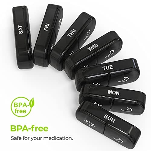 AUVON XL Weekly Pill Organizer 2 Times a Day, Pill Box 7 Day with One-Side Large Openings for Easy to Use, Black Privacy Protection AM PM Pill Case for Medication, Vitamins, Fish Oils, Supplements 7