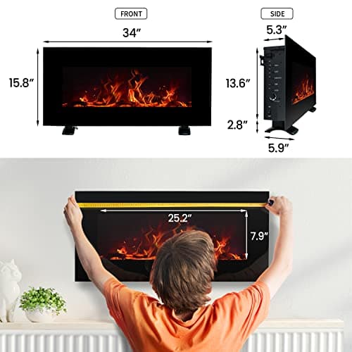 FLAME&SHADE Wall Mounted Electric Fireplace, 34-Inch Wide Flat Screen, Freestanding or Hanging Portable Room Heater with Remote 5