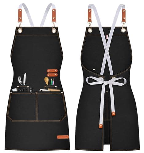 Teskyer Kitchen Cooking Apron with 4 Pockets, Water Oil Resistant, Canvas Cross Back Aprons for Men Women Chef Server - Black