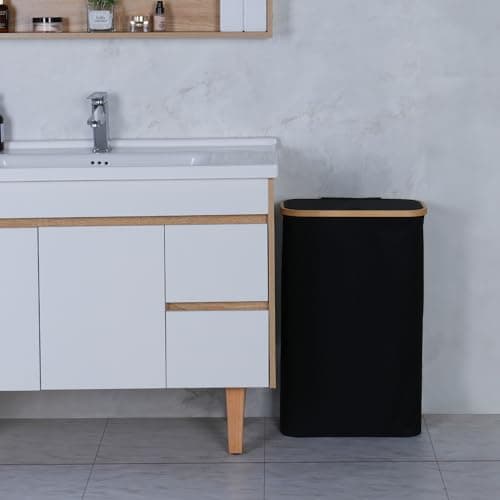 Merkisa 60L Slim Laundry Hamper,Laundry Basket with Lid,Tall Hamper for Laundry,Dirty Cloth Hamper with Bamboo Handle for Toys,Towels, Clothes Organizing,Black 5