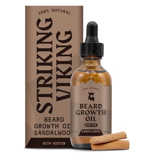 Striking Viking Beard Growth Oil for Men - 2 Fl Oz, Sandalwood - Thickening & Conditioning Beard Oil with Biotin - Facial Hair Serum with Argan & Jojoba for Hydration