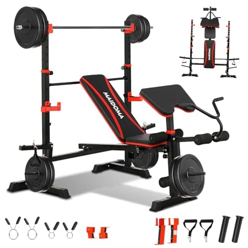 MAIDOMA 1500LBS 6 in 1 Weight Bench Set with Leg Extension/Curl and Preacher Curl, Bench Press Set and barbell Rack with Safety Bar Catches, Foldable Workout Benches for Home(US Stock)
