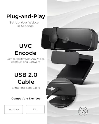 Lenovo Essential Full HD 1080P Webcam, Dual Microphone, No Driver 1.8m USB 2.0, Wide-Angle, Tilt-Control, 360-Degree Rotation, Black 5