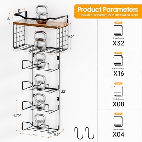 Towel Racks for Bathroom,Towel Rack Wall Mounted, 6 Tier Rolled Or Folded Towel Holder with Floating Shelves, Bathroom Towel Holder for Bath, Hand Towels,Metal and Wood 7