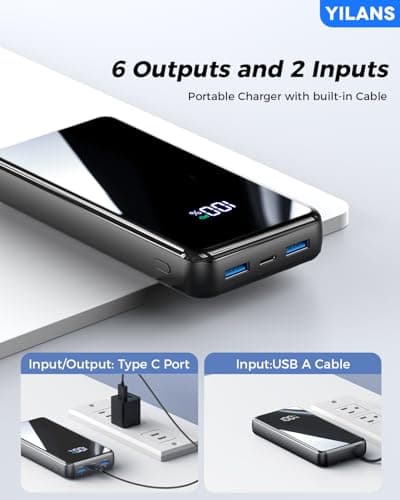 Portable Charger,50000mAh Power Bank Built-in Cable, 22.5W PD USB C In & Out Fast Charging, External Battery Pack with 6 Output & 2 Input, Travel Phone Charger for iPhone 17/16/15/14/13/12(Black) 6