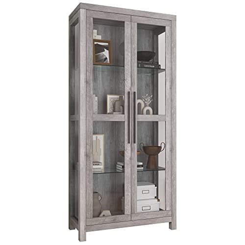 BELLEZE Glass Display Cabinet, Tall Curio Cabinet with Tempered Glass Doors for Living Room, Trophy Display Case - Avalon (Gray Wash)