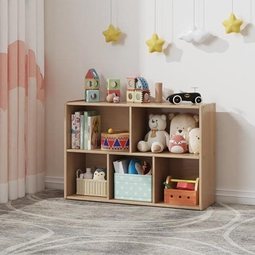 ERUGI 2-Tier Montessori Solid Wood Shelves Toy Organizers and Storage,5-Compartment Storage Cabinet with 4 Wheels,for Toddler Kids Room,Playroom,Classroom,Nursery,Kindergarten
