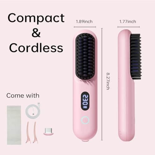 Cordless Hair Straightener Brush - Portable Straightener Brush with 9 Temp Settings, Mini Straightening Comb for Travel, 9600mAh Rechargeable Batt & 224 Million Negative Ions (Pink) 8