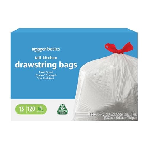 Amazon Basics 13 Gallon Tall Kitchen Drawstring Trash Bags, Flextra Strength, Clean Fresh Scent, Tear Resistant, 0.9 mil Thickness, 10% Post Consumer Recycled, 120 Count