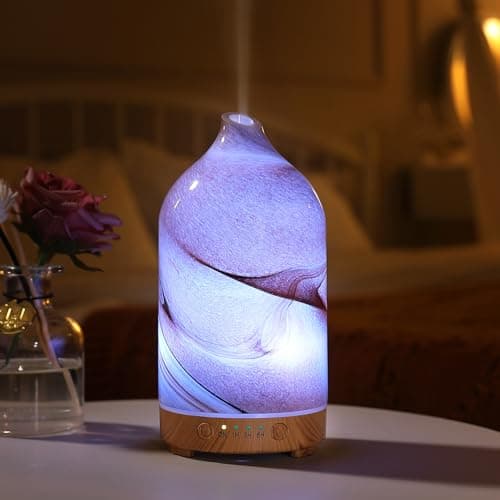 Essential Oil Diffuser Hand Blown Glass Aromatherapy Diffuser - Ultrasonic Cool Mist Scent Aroma Diffuser, Whisper Quiet with Auto Shut-Off, Timer Setting &7 Colors Night Light for Home 8