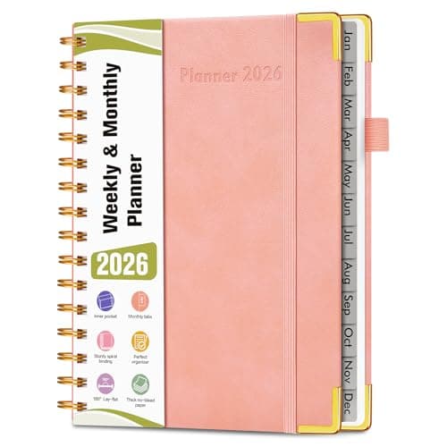 2026 Planner, Hardcover Leather Weekly and Monthly Planner, January 2026 - December 2026, Spiral Yearly Agenda Organizer Book 2026 with Tabs, Daily Calendar Planners for School Work Home, A5 (5.75" x 8.38"), Pink