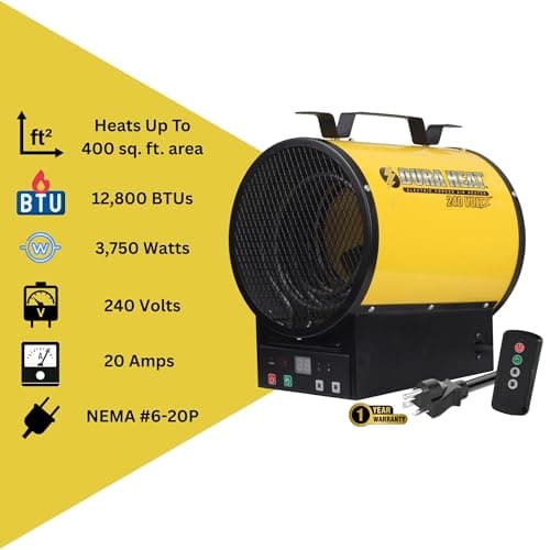 Dura Heat EUH4000R Electric Forced Air Heater with Remote Control 12,800 Btu 15