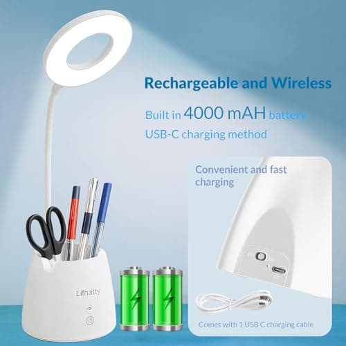 Lifnatty Desk Lamp, Led Desk Light, Dimmable Small Table Lamp for Home Office, Remote Control, 3 Modes, Gooseneck, Rechargeable Study Light for College Dorm Room 6