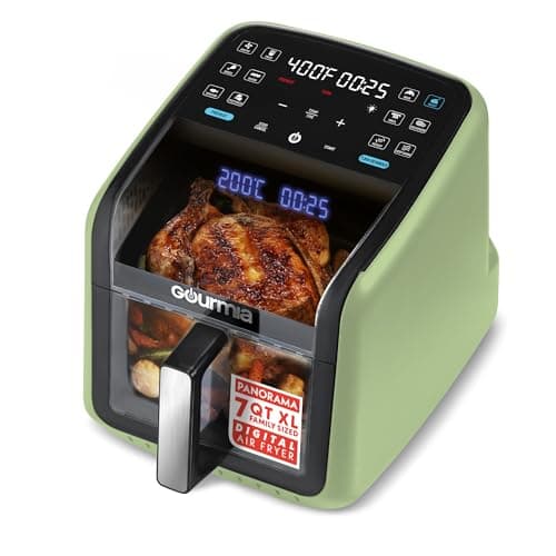 Gourmia Air Fryer 7 QT - Easy View Panorama Window & Interior Light, Guided Cooking with 12 One-Touch Presets, FryForce 360, Dishwasher Safe Accessories, Green
