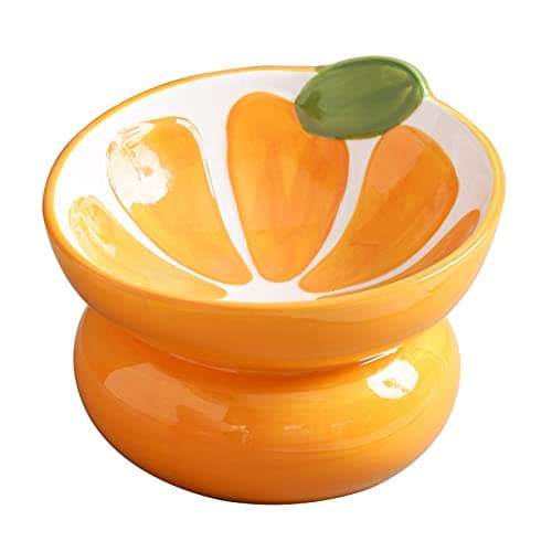 Yeexoxow Ceramic Raised/Elevated Cat Food Bowl for Indoor Cats, Anti Vomiting & Protect Pet's Spine, Cute Fruit Themed Tilted Cat Dish for Flat Faced Cats and Kitten (Orange Shaped)