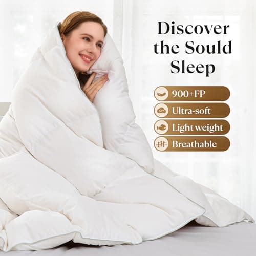 Wellos Goose Feather Down Comforter King Size - Hotel Bedding Comforters Medium Warmth Fluffy Duvet Insert for All Season + 1600 TC/DM Cotton Blend, King 106 X 90 5