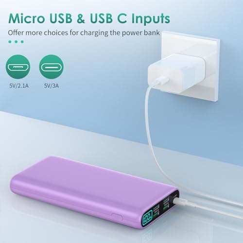 Portable Charger 38800mAh,LCD Display Power Bank,5 USB Outputs Battery Pack Backup, USB-C 3A in&out Travel Essential Portable Phone Charger For iPhone 17/16/15/14/13 Pro,Android Samsung Galaxy-Purple 7