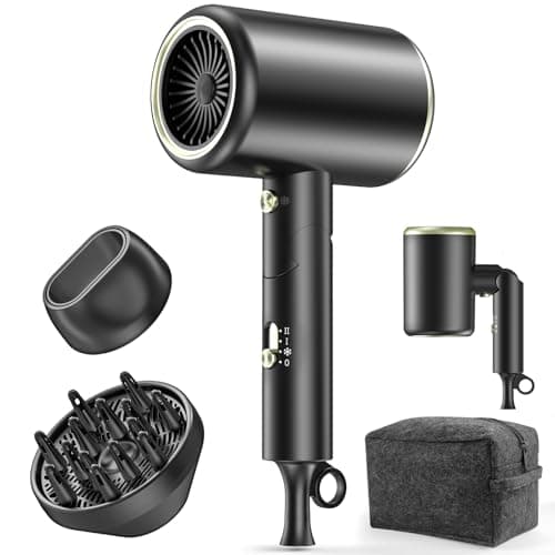 Hair Dryer, 150000RPM Ionic Blow Dryer - Fast Drying, Low Noise, Foldable Portable with Diffuser and Nozzle, Compact Mini for Women and Men, Home and Travel （Black）