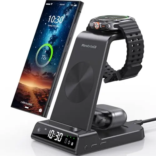 Wireless Charger Samsung Charging Station: 3 in 1 Android Charging Stand with Dimmable Clock - Nightstand Organizer for Galaxy S25 Ultra S24, Galaxy Watch 8 7 6 5 4, Galaxy Buds, Space-Saving Charger