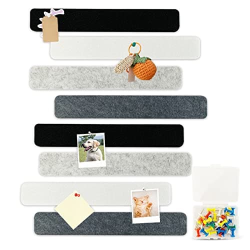 8 Pcs Black White Grey Felt Pin Board Bar Strips Bulletin Board ，Self-Adhesive Bulletin Board Bar Strips，Cork Boards for Walls with 35 Pushpins, for Paste Notes, Photos, Office Home Classroom