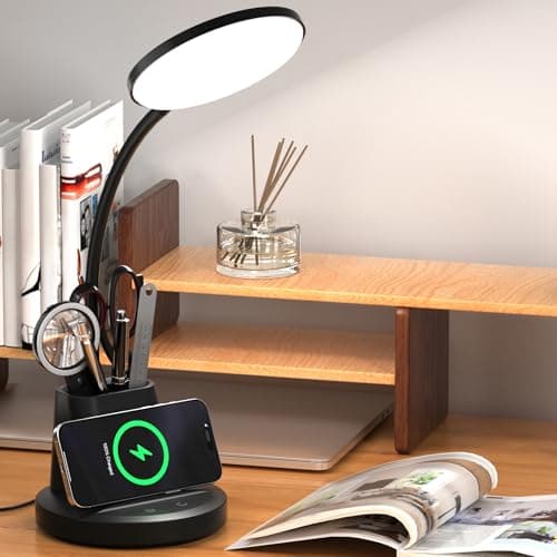 Vicsoon Desk Lamp with Wireless Charger, LED Desk Lamp for Home Office with Pen Holder, Dimmable Eye-Caring Study Desk Light Flexible Arm 3 Color Modes for College Dorm, 800 Lumens CRI 90