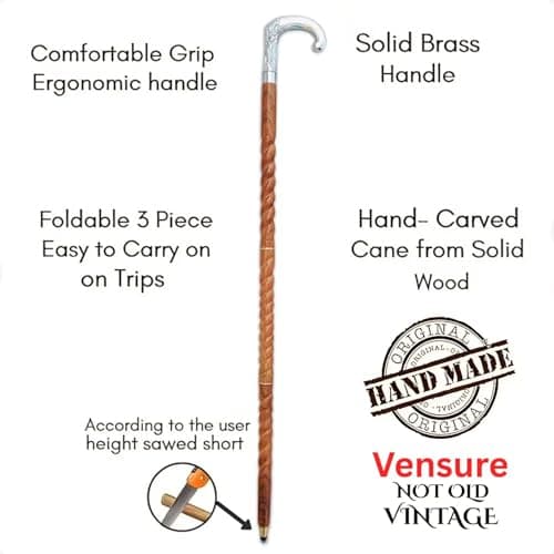 Antique Spiral Brown Wooden Walking Stick with Silver Brass Designer Parrot Handle Walking Wooden Cane for Gift Men & Women 6