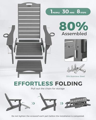 SUUNYN Folding Adirondack Chair with Retractable Ottoman, Weather Resistant Fire Pit Chair Patio Chair with 2 Cup Holder Lawn Outdoor Lounge Chair (Grey) 8