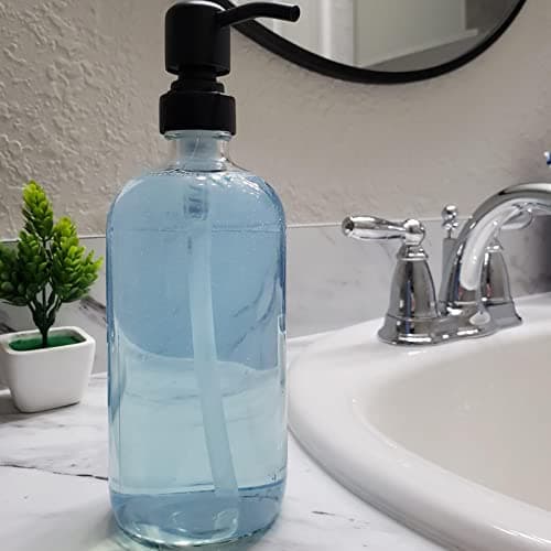 Suwimut 4 Pack Glass Soap Dispenser with Matte Black Stainless Steel Pump, 16 Oz Clear Boston Round Bottles Bathroom Kitchen Soap Dispenser for Essential Oil, Dish Soap, Hand Soap, Lotion Soap 5