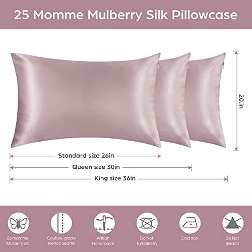 Veaken Silk Pillowcase for Hair and Skin, 2 Pack 100% Mulberry Silk Pillowcase 25 Momme, 600 Thread Count, Both Side Pure Silk Pillow Cover with Hidden Zipper (ApricotGray, Queen 20''×30'') 7